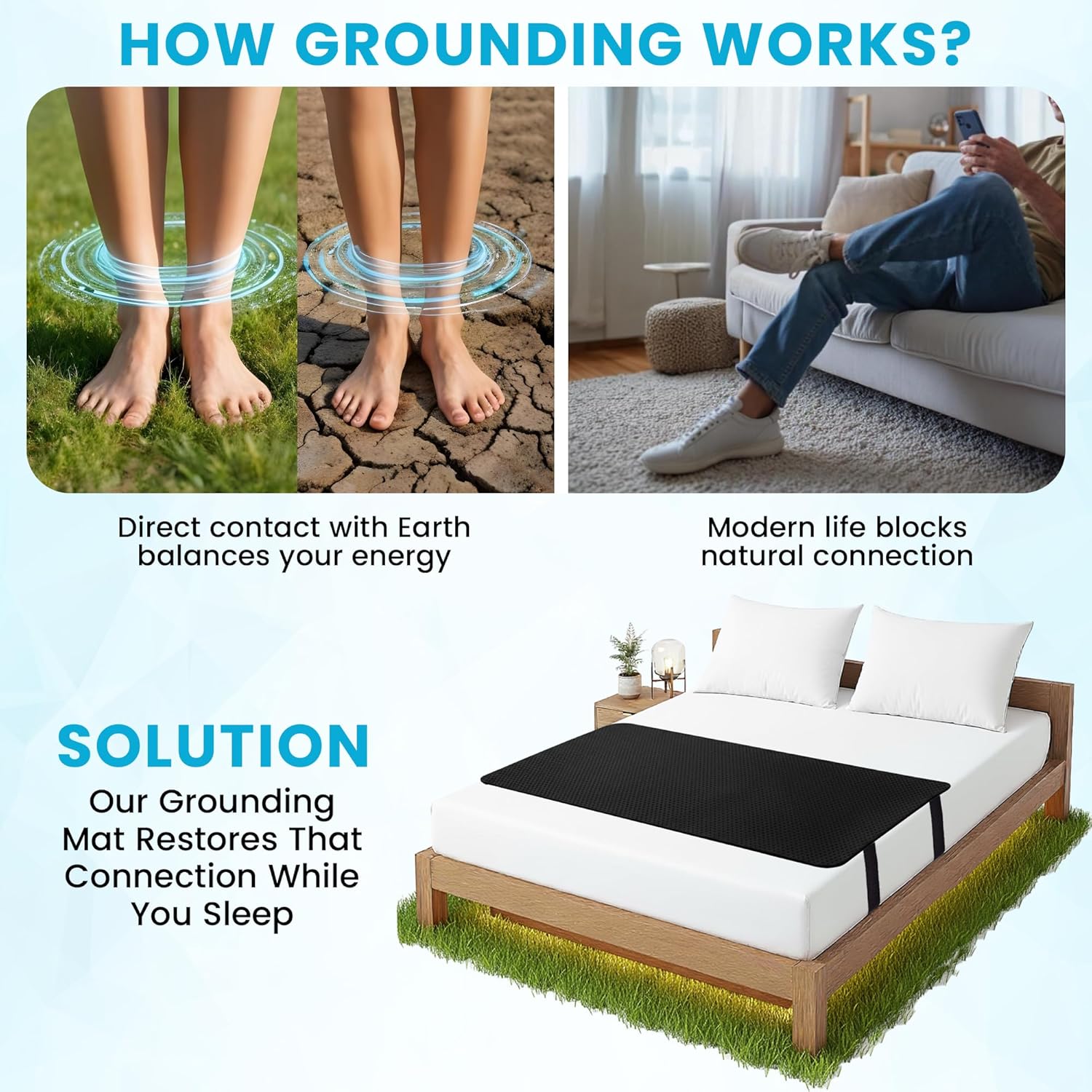 RadEnergy Grounding Bed Mat, PU Leather with Wash Label & 10m Spiral grounding Wire, Grounding Mat for Sleep, Stress Relief, Foot Health – Earthing Pad for Bed or Floor