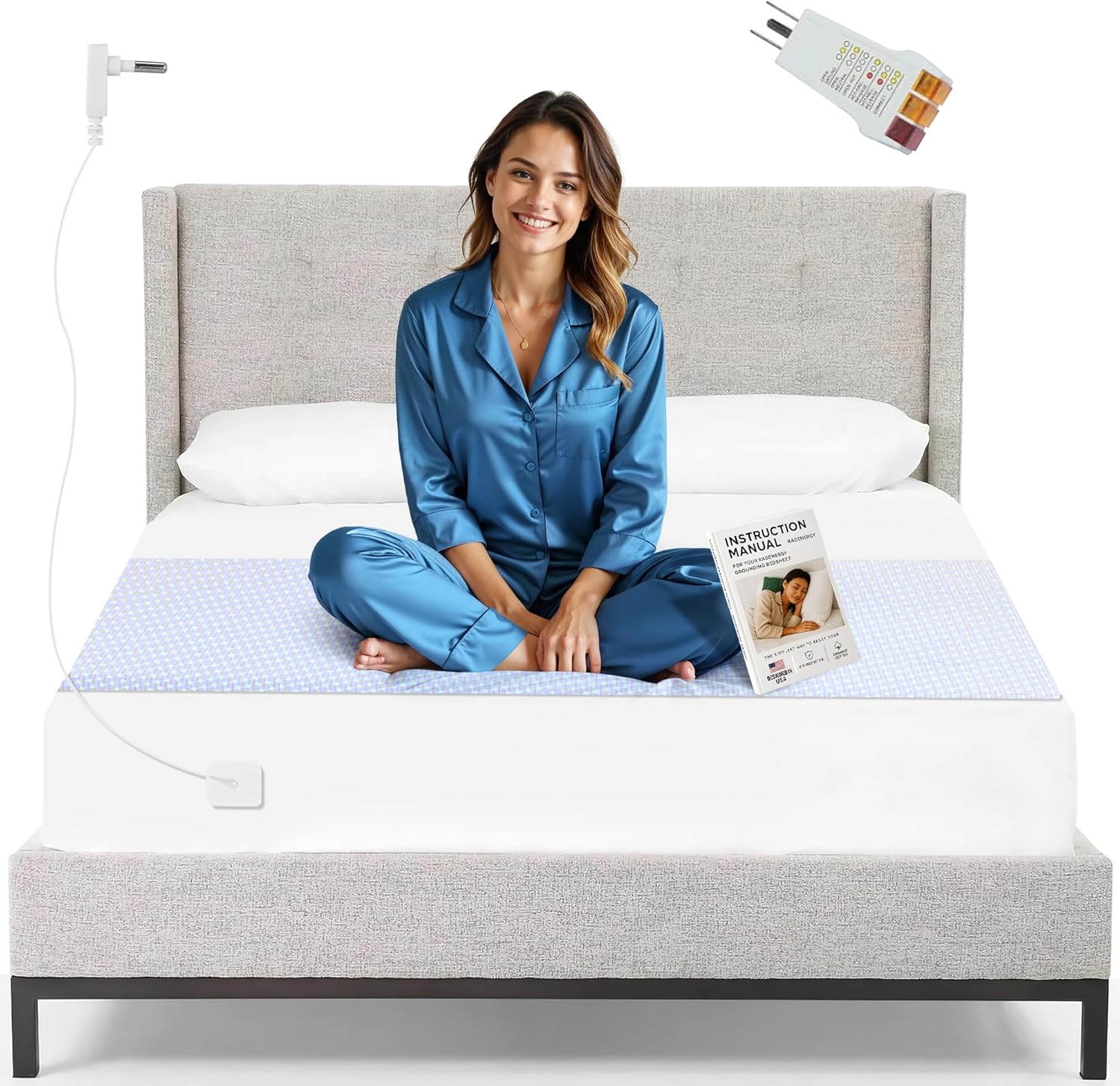 Bed Sheet, Grounding Sheet, Organic Cotton Fitted Earthing Sheet for Bed, 95% Organic Cotton, 5% Silver Fiber with 10m Grounding Cord & White US Socket Tester