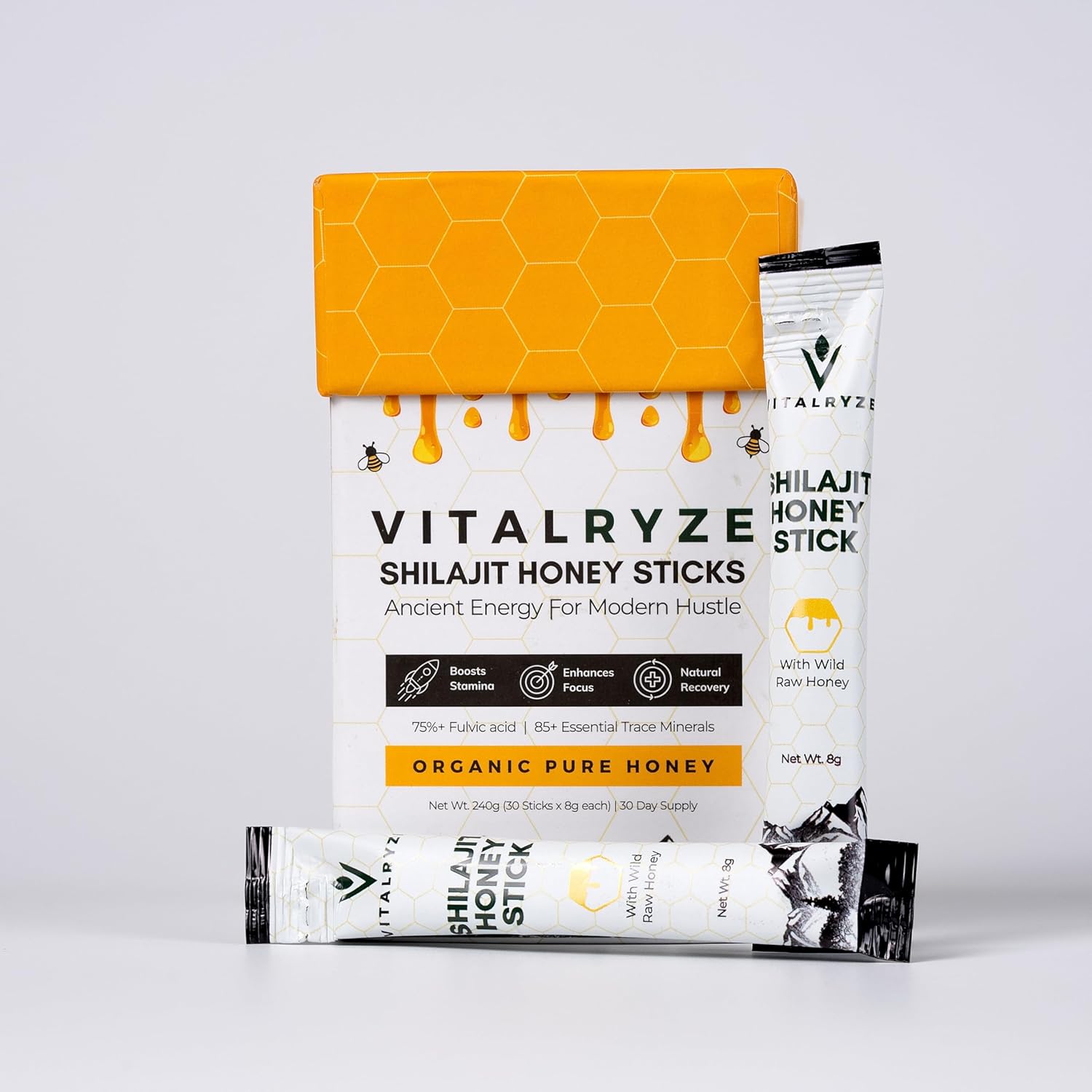 VITALRYZE Organic Himalayan Shilajit Honey Sticks with Organic Honey, Natural Vitality, Wellness Support & 85+ Trace Minerals, Easy to Use Shilajit Stick, 30 Individual Sticks