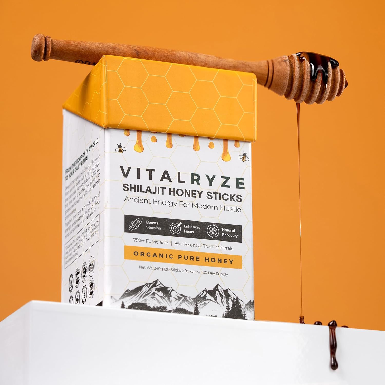 VITALRYZE Organic Himalayan Shilajit Honey Sticks with Organic Honey, Natural Vitality, Wellness Support & 85+ Trace Minerals, Easy to Use Shilajit Stick, 30 Individual Sticks