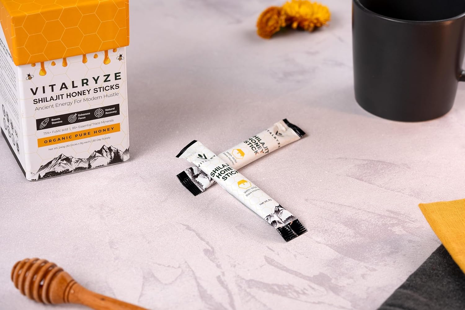 VITALRYZE Organic Himalayan Shilajit Honey Sticks with Organic Honey, Natural Vitality, Wellness Support & 85+ Trace Minerals, Easy to Use Shilajit Stick, 30 Individual Sticks