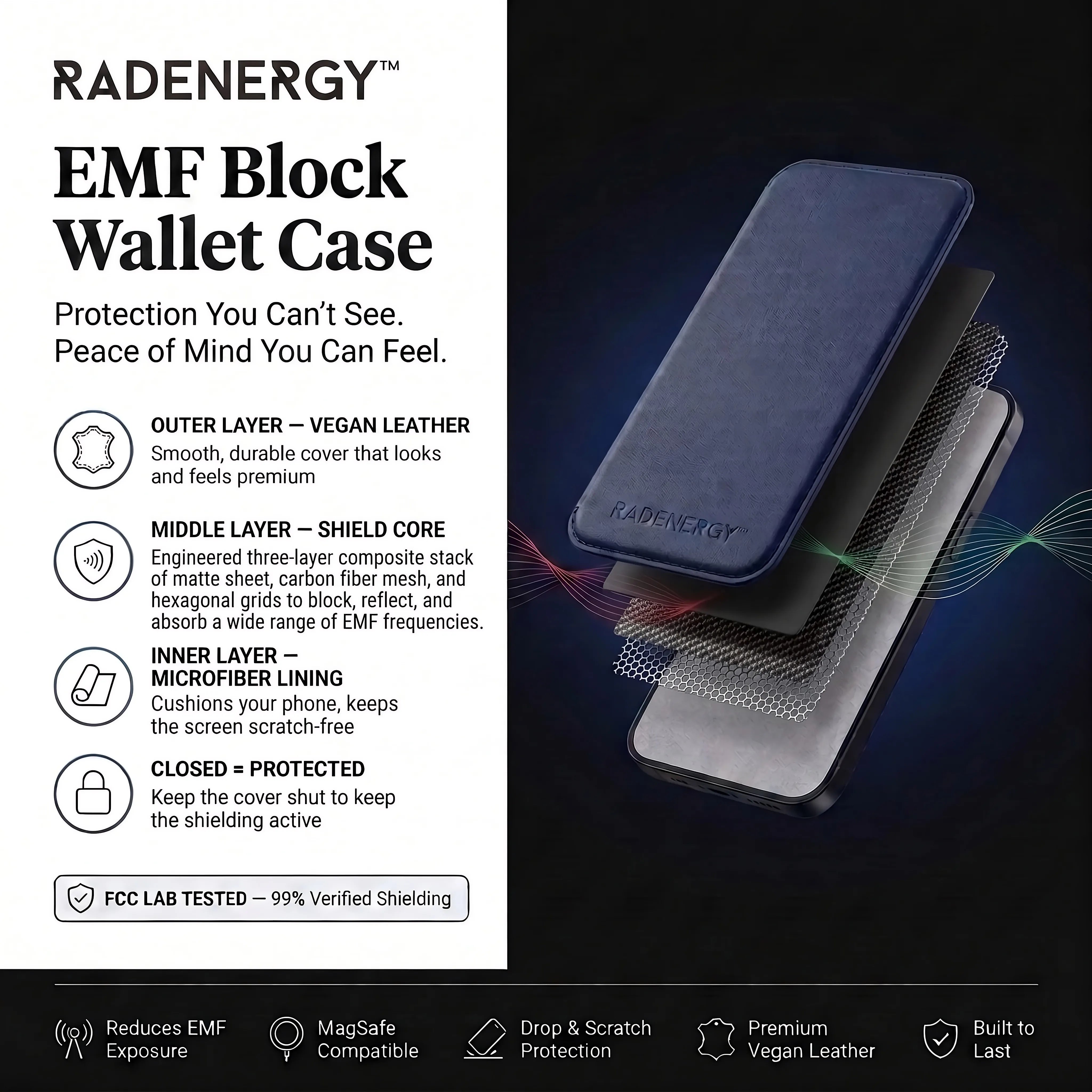 iPhone EMF Blocking Vegan Leather Wallet Phone Case - Blue