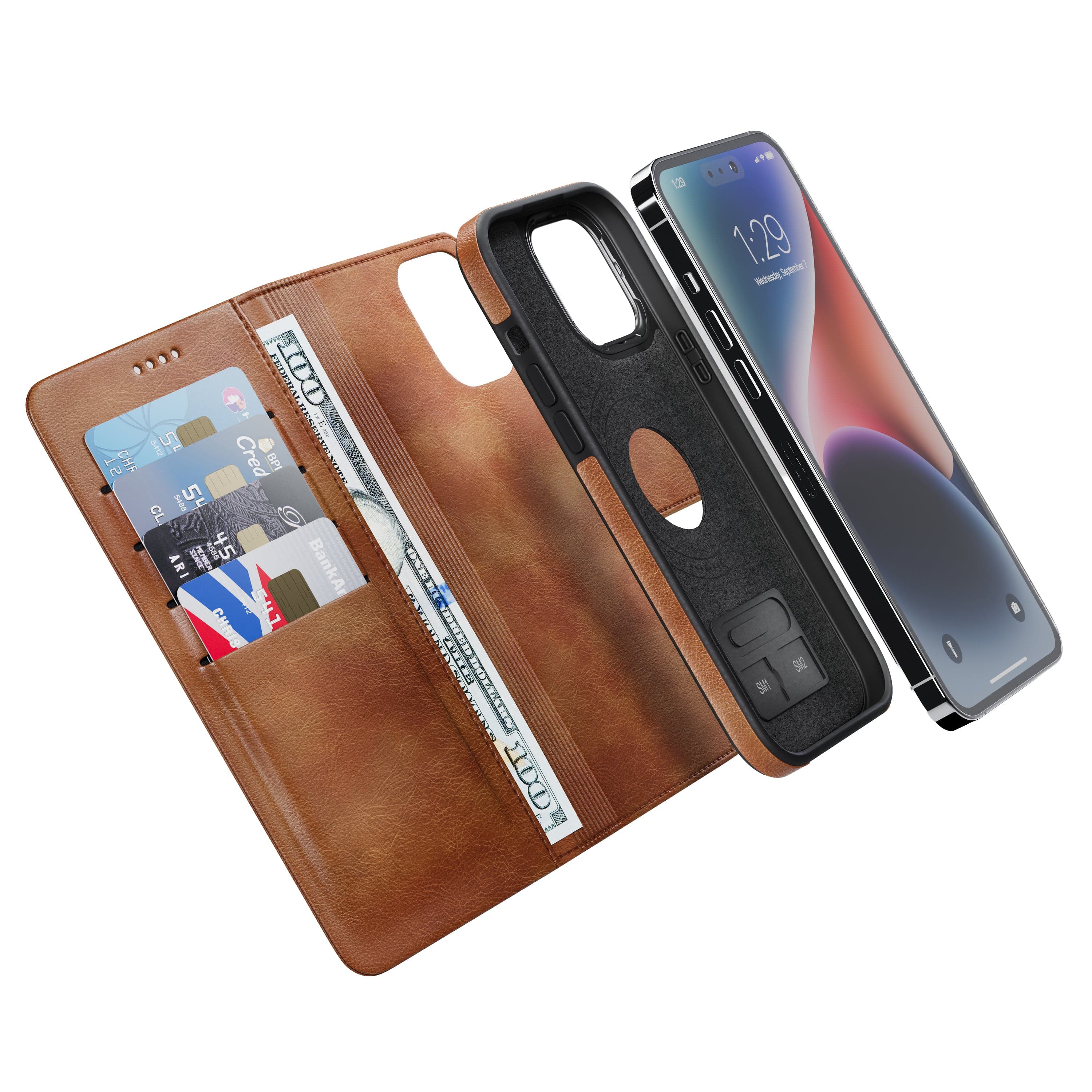 iPhone Brown EMF Blocking Vegan Leather Wallet Phone Case