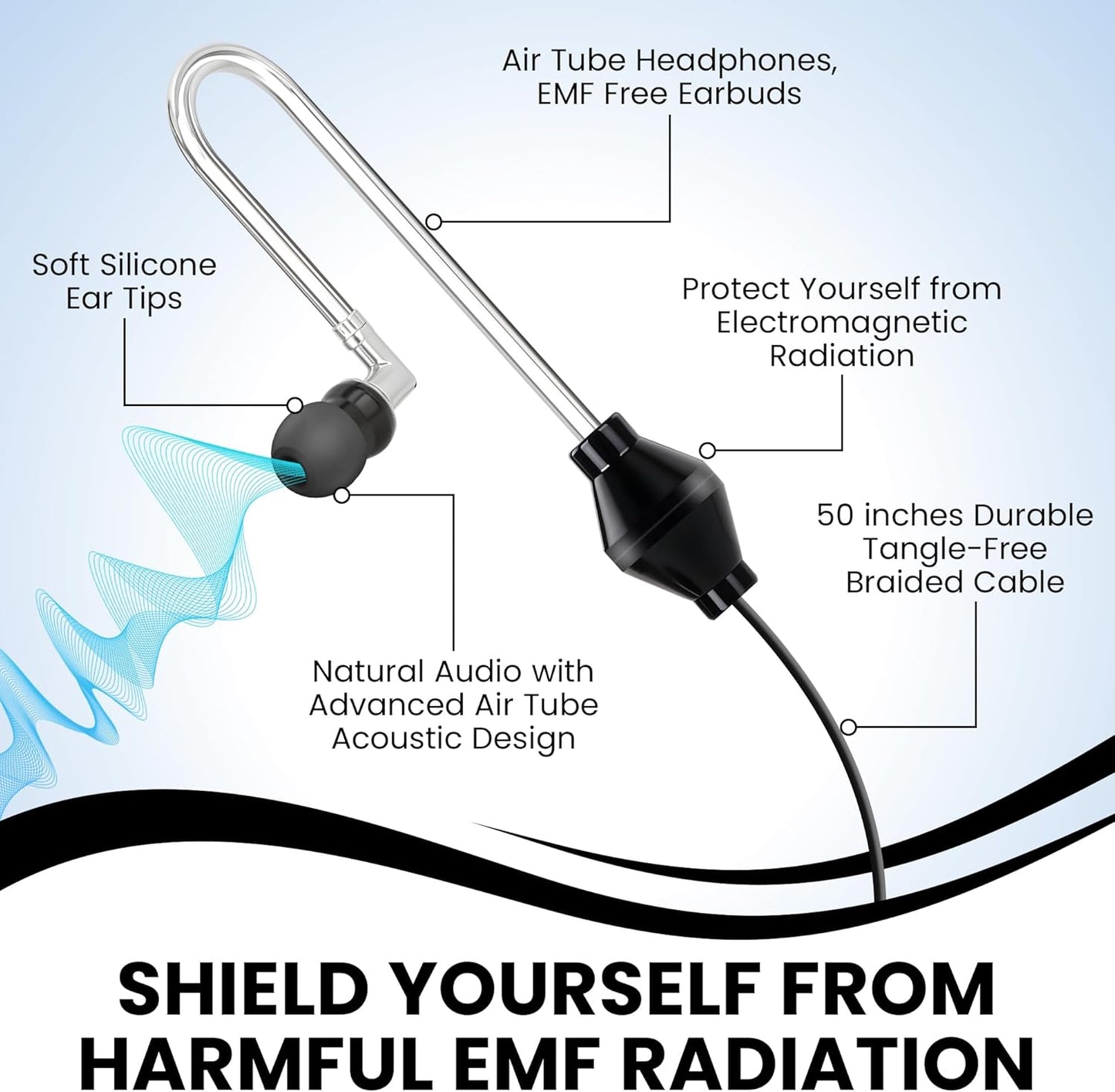 Airtube Headphones, EMF Free Earbuds, Air Tube Headphones with Zipper Bags, 3D Sound, Microphone Volume Control, for Work Meetings