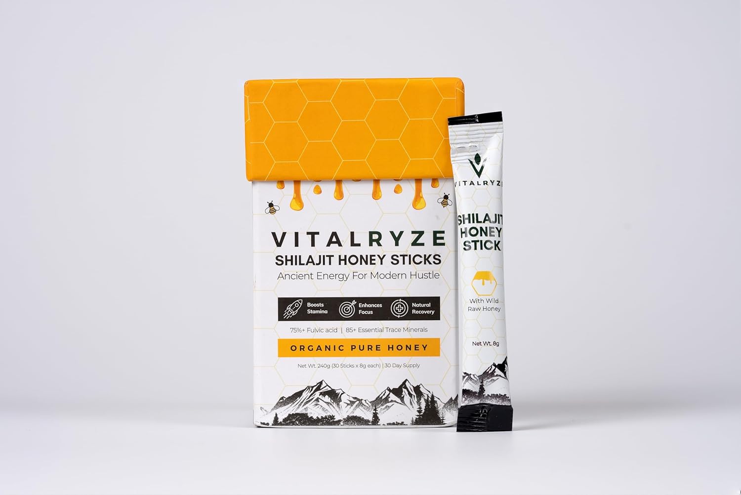 VITALRYZE Organic Himalayan Shilajit Honey Sticks with Organic Honey, Natural Vitality, Wellness Support & 85+ Trace Minerals, Easy to Use Shilajit Stick, 30 Individual Sticks